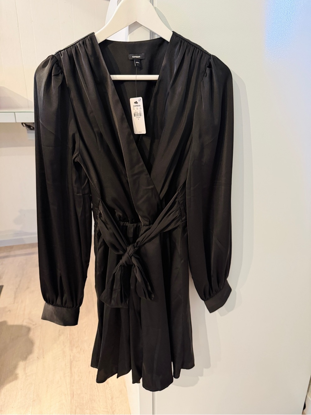 Express Black Long-Sleeve Wrap Dress with Tie Waist